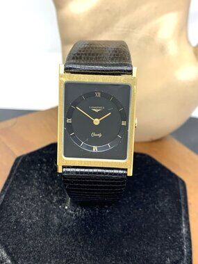Longines Men's Watch Vintage Swiss Quartz Black Dial Gold Tone Case Tank Leather